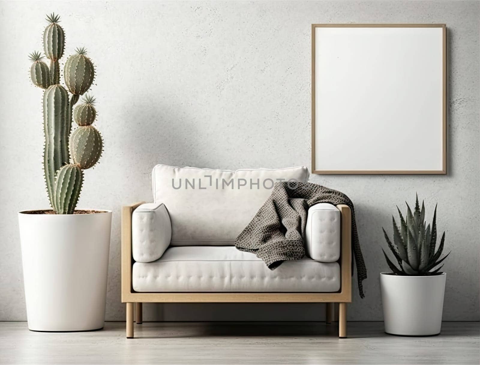 Cropped shot of cozy living room with mock up frame on white wall and plant pot. Generative AI