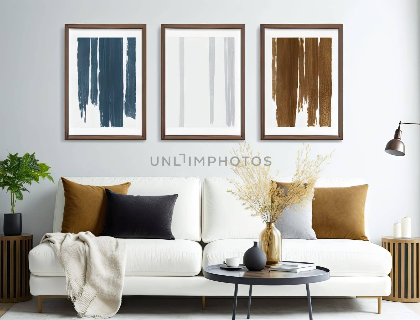 Stylish living room with mock up frame above the sofa and decoration. Generative AI