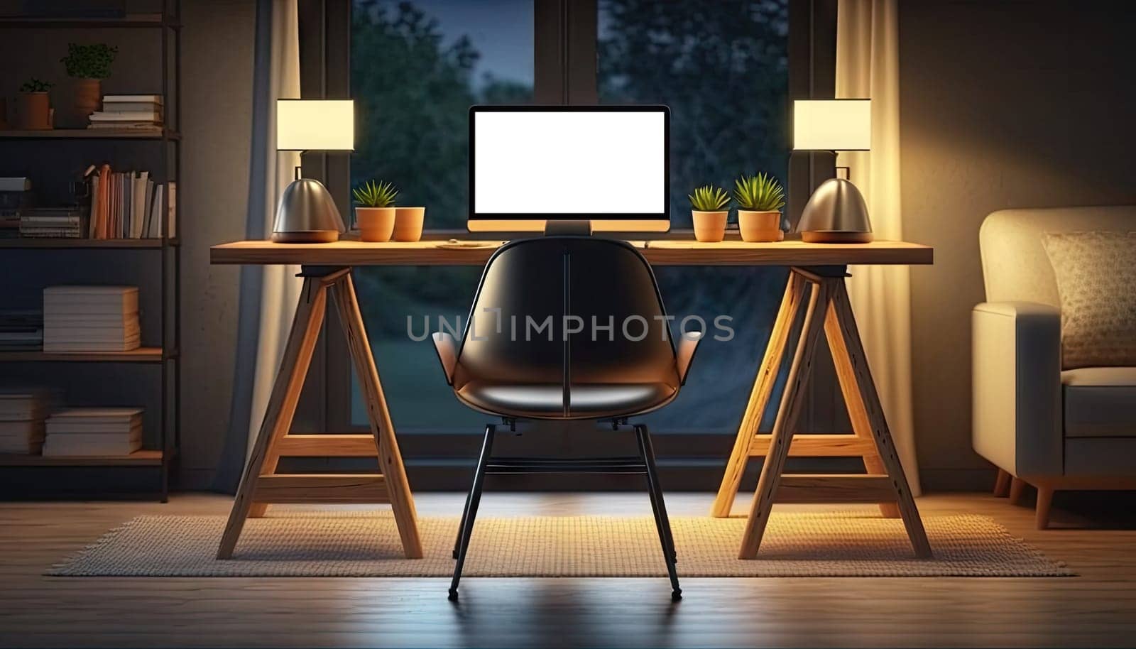 Dark modern workspace with mock up desktop computer on wooden table with lamp and stylish decoration. Generative AI