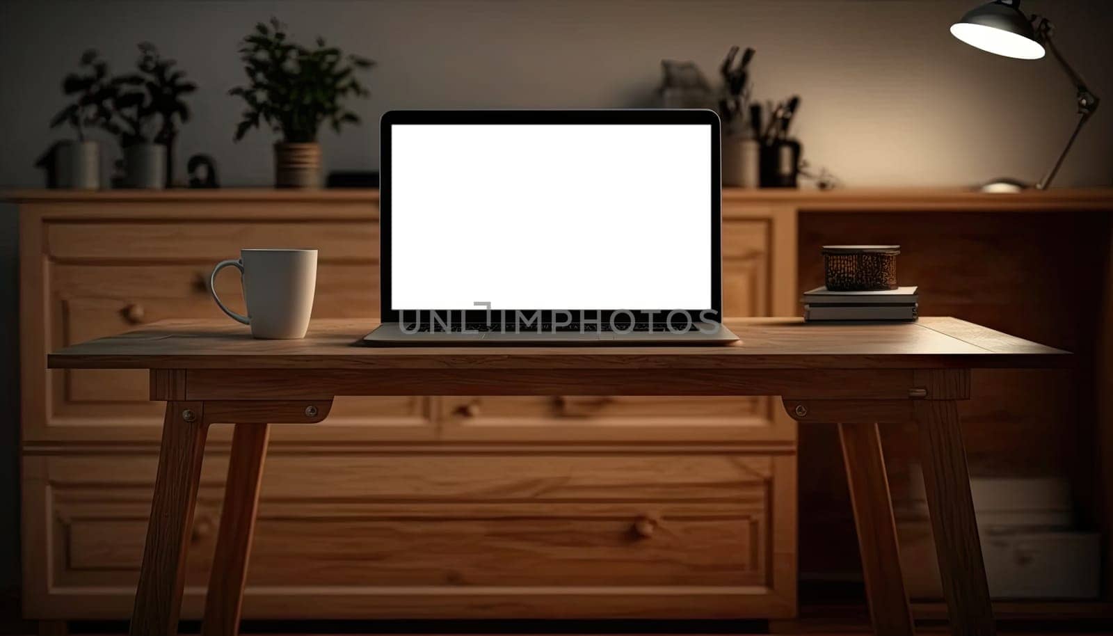 Mock up laptop computer on wooden study table in dark retro workspace at night. Generative AI