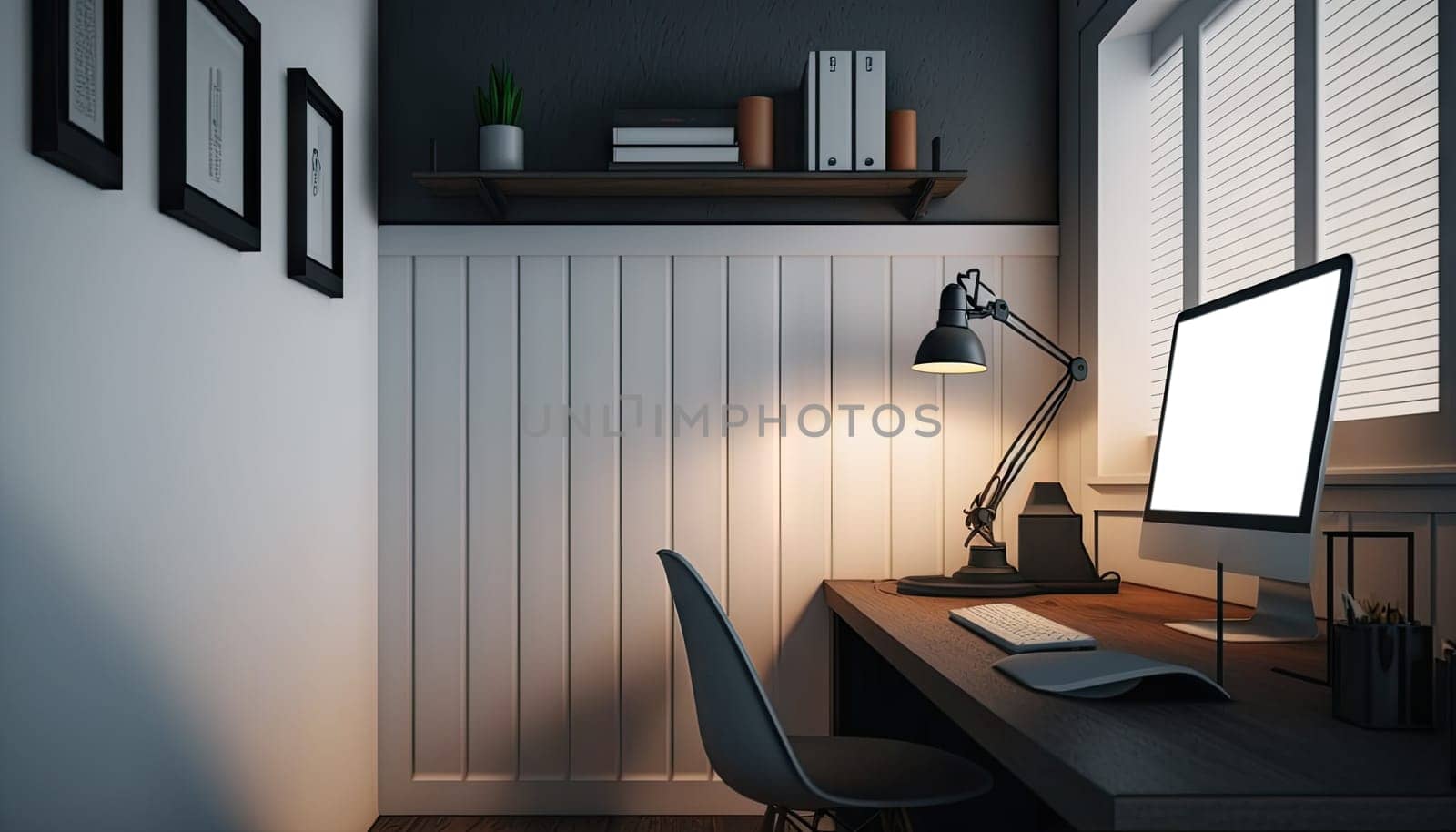 Wooden study table with desktop computer in modern room. Generative AI