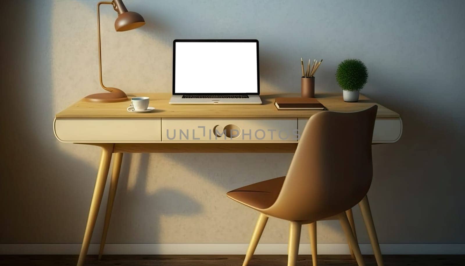 Modern style office room with modern office desk and mock up laptop computer. Generative AI