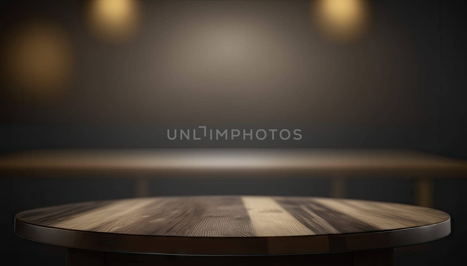 Empty wooden top table in dark retro living room, table with copy space. Generative AI