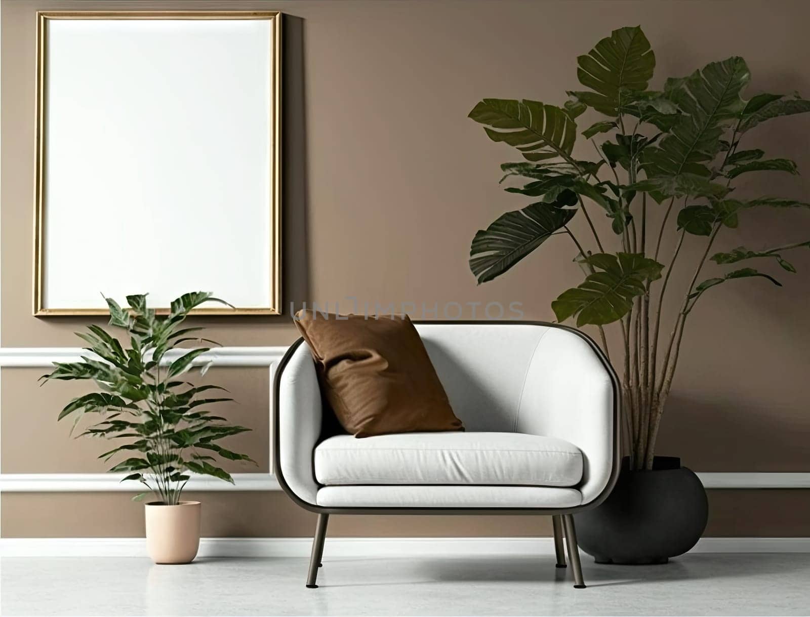 Cropped shot of modern living room with mock up frame on white wall and plant pot. Generative AI