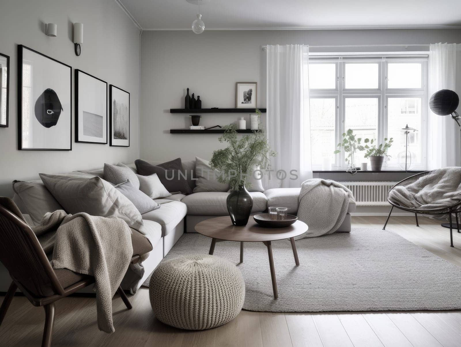 Beautiful furnished scandinavian living room interior with morning light. Generative AI.