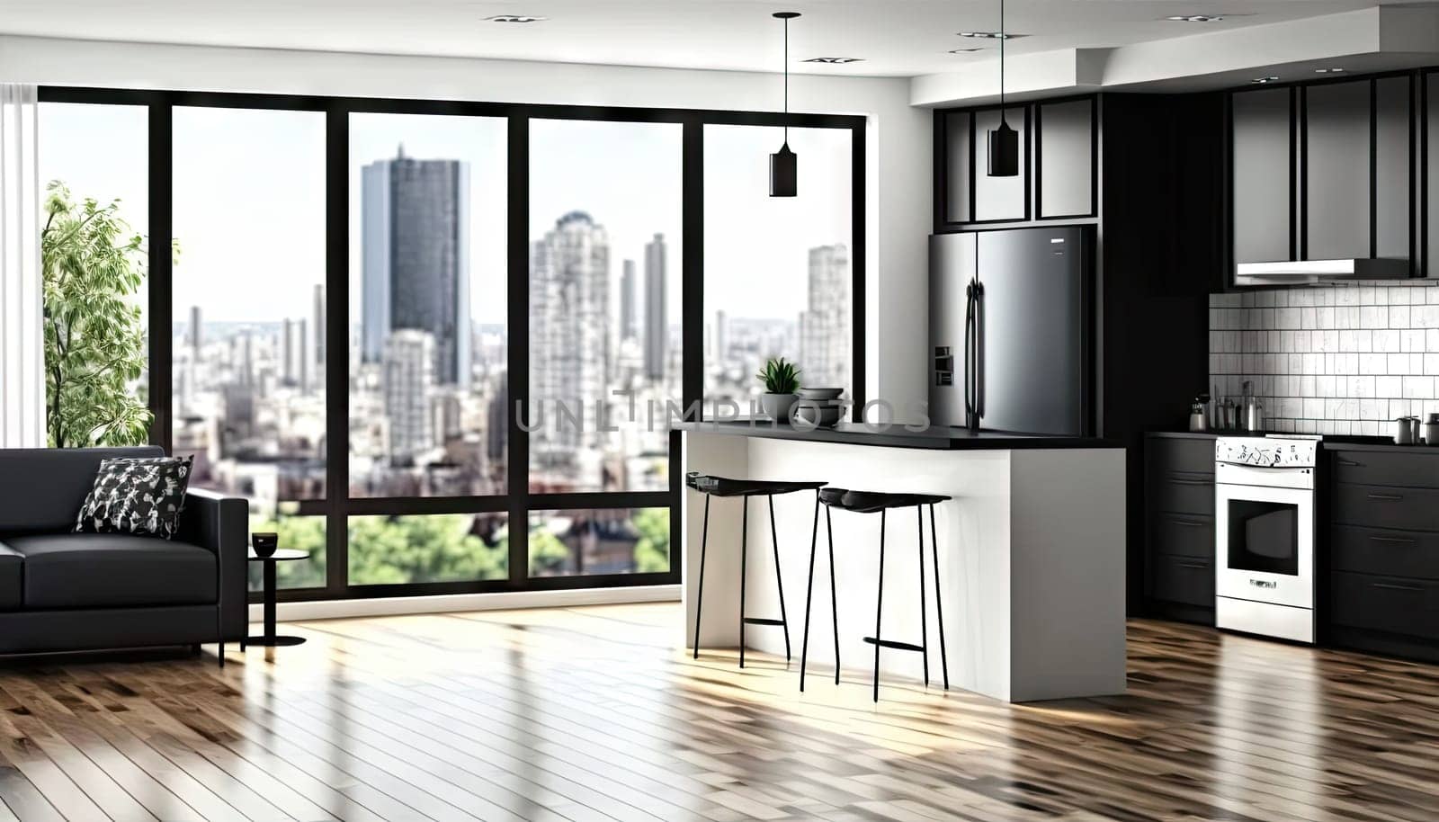 Trendy furnished apartment with high ceiling and wooden floor. Generative AI
