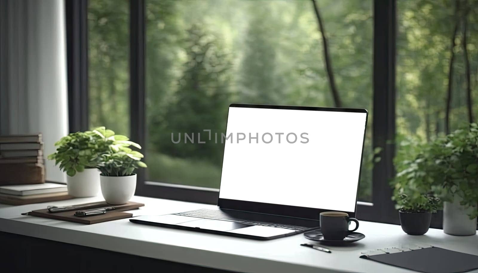 Mock up blank screen laptop computer on white table in study room with forest window view. Generative AI
