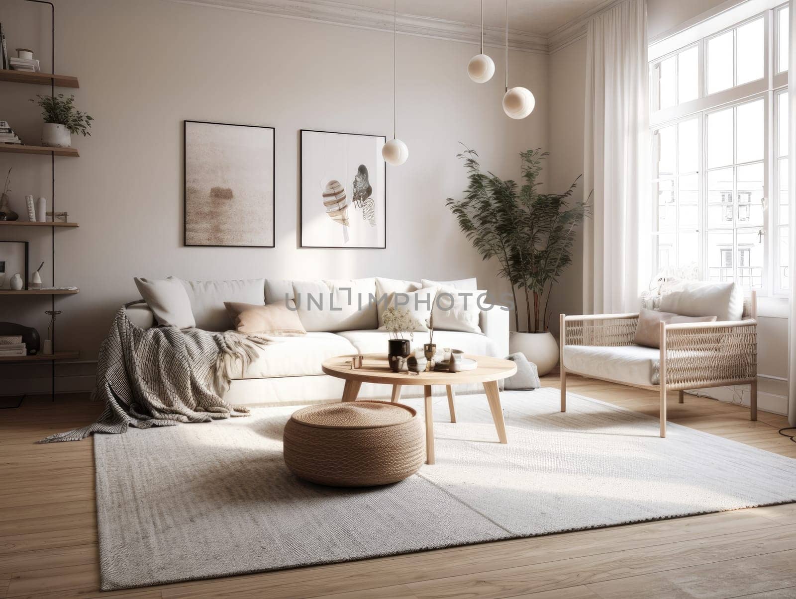 Comfy scandinavian interior living room design with furniture and decorations. Generative AI.
