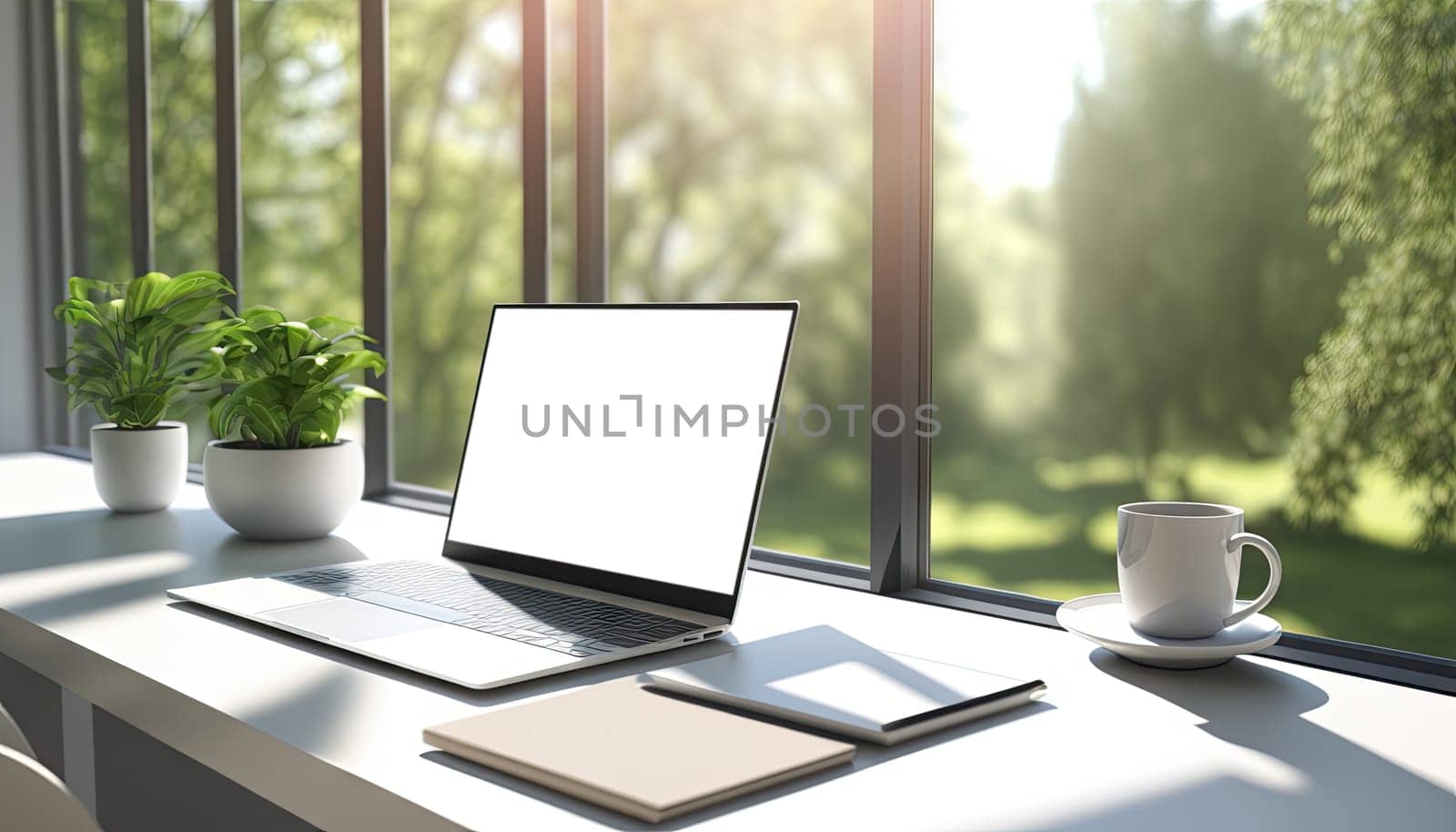 Mock up blank screen laptop computer on white table in study room with forest window view. Generative AI
