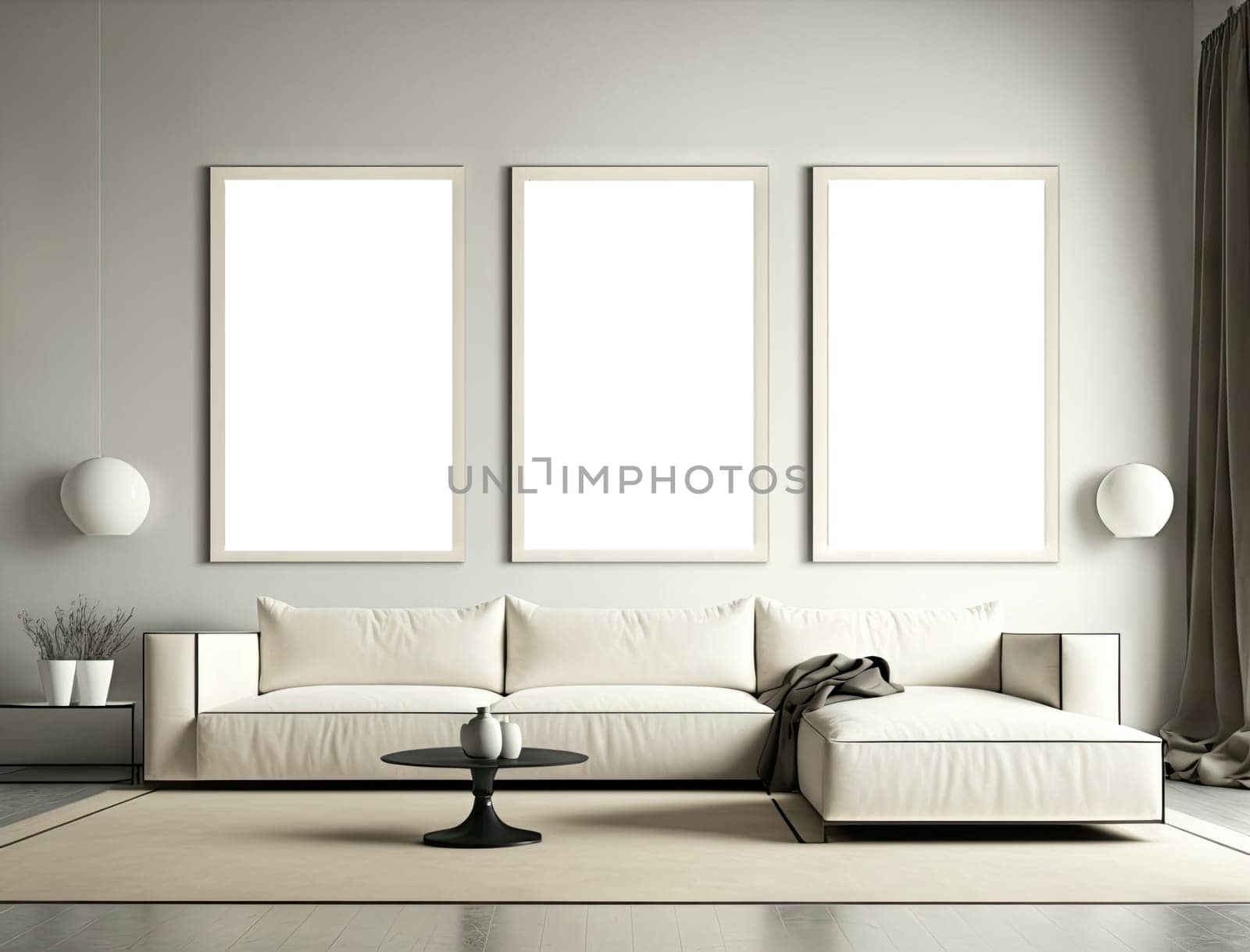 Modern style white living room with three mock up frames on the wall. Generative AI