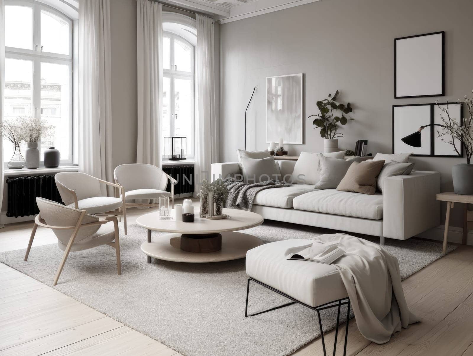 Stylish scandinavian living room with beautiful furniture and decor. Generative AI.