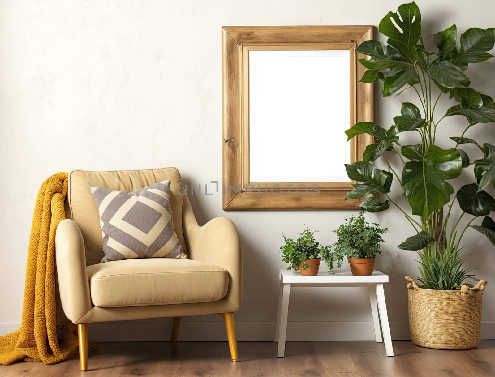 Cropped shot of cozy living room with mock up frame on white wall and plant pot. Generative AI