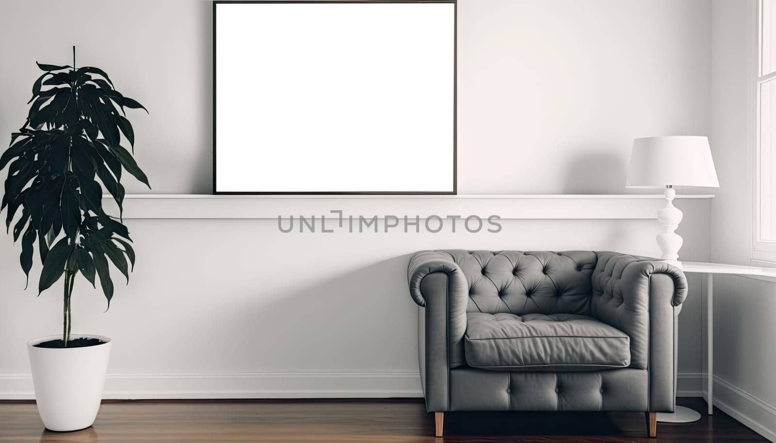 Modern interior living room with grey sofa and stylish decorations. Generative AI