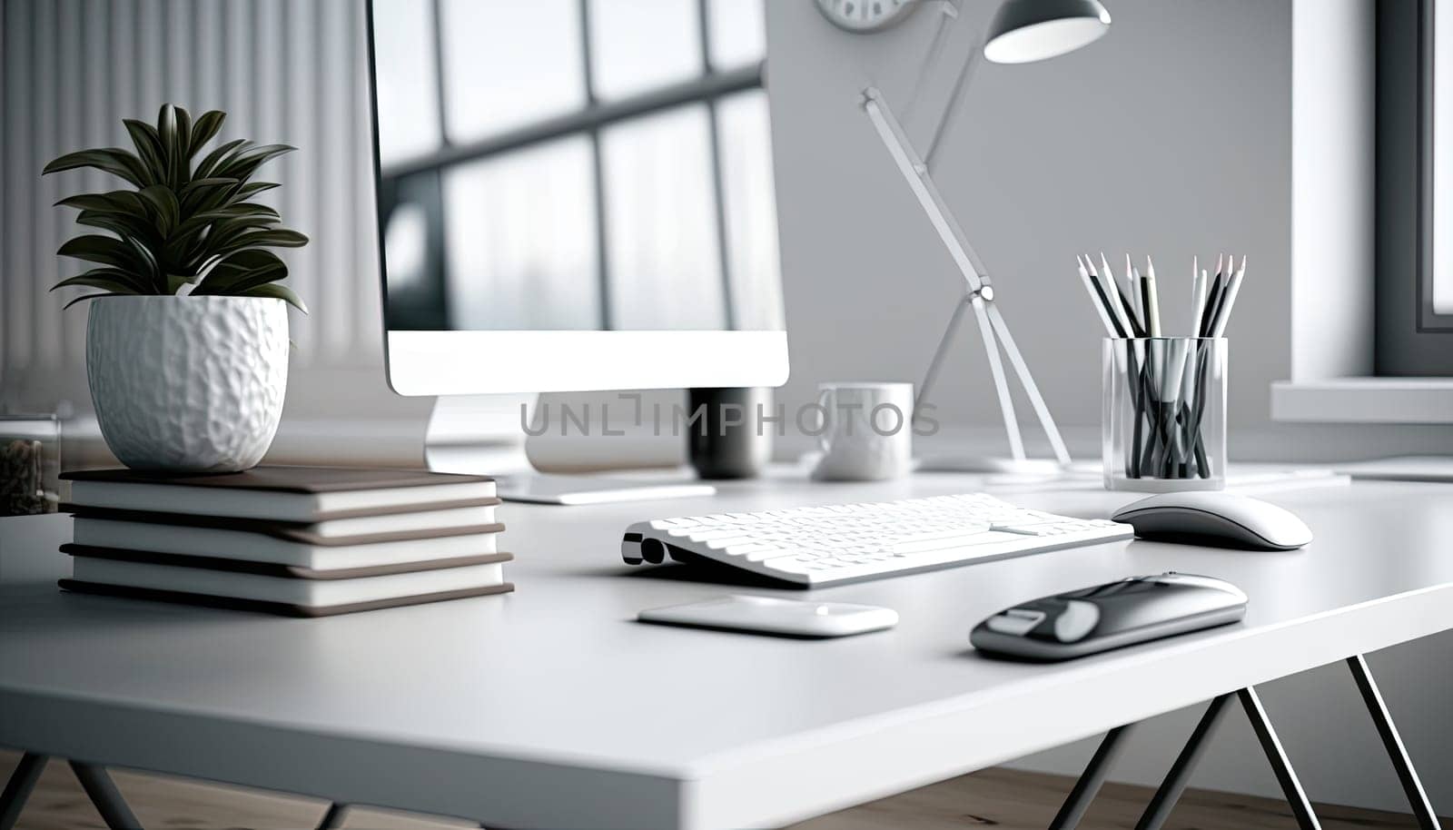 Close up view of white office desk with desktop computer and office supplies. Generative AI