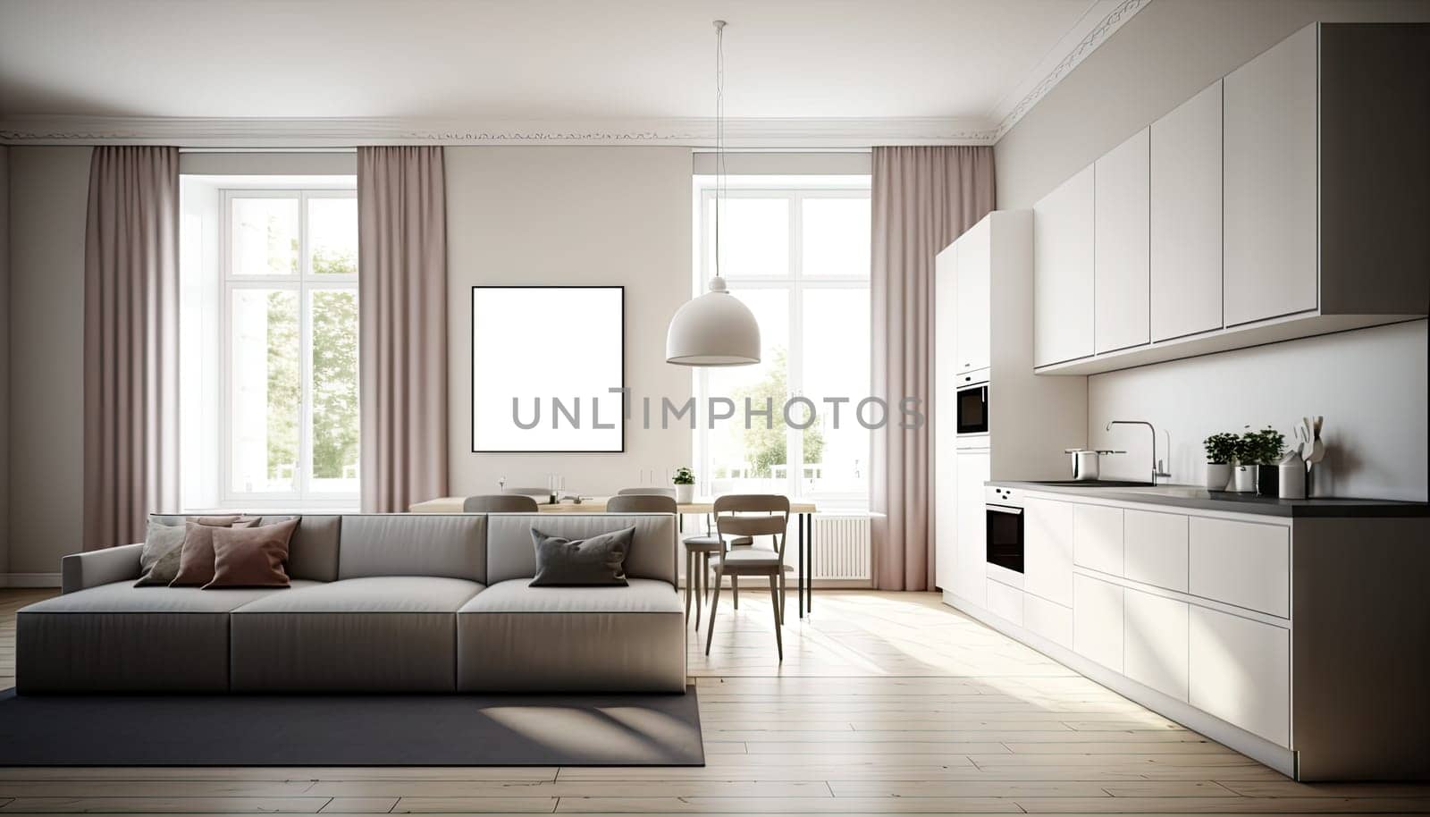 Modern white apartment, living room and kitchen with large window and decoration. Generative AI