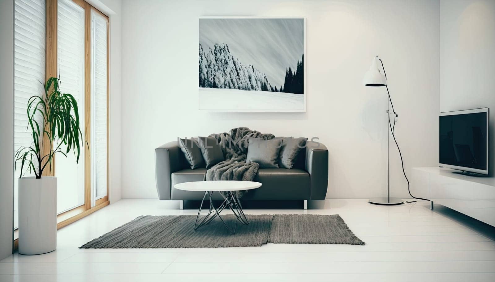 Modern interior living room with grey sofa and stylish decorations. Generative AI