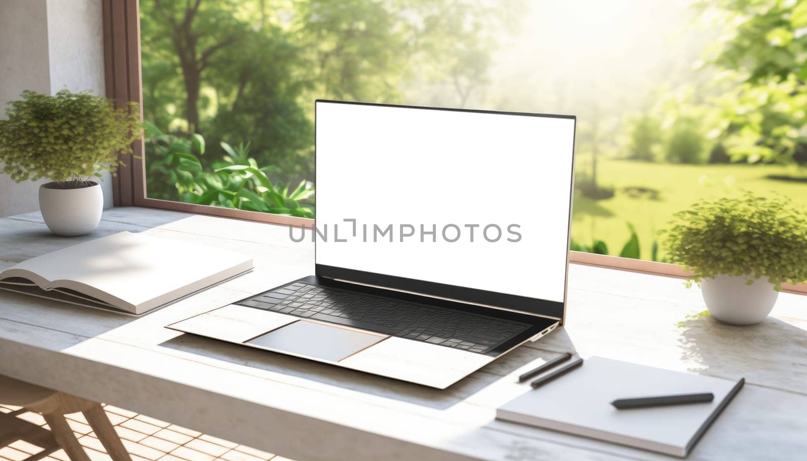 Mock up blank screen laptop computer on white table in study room with forest window view. Generative AI
