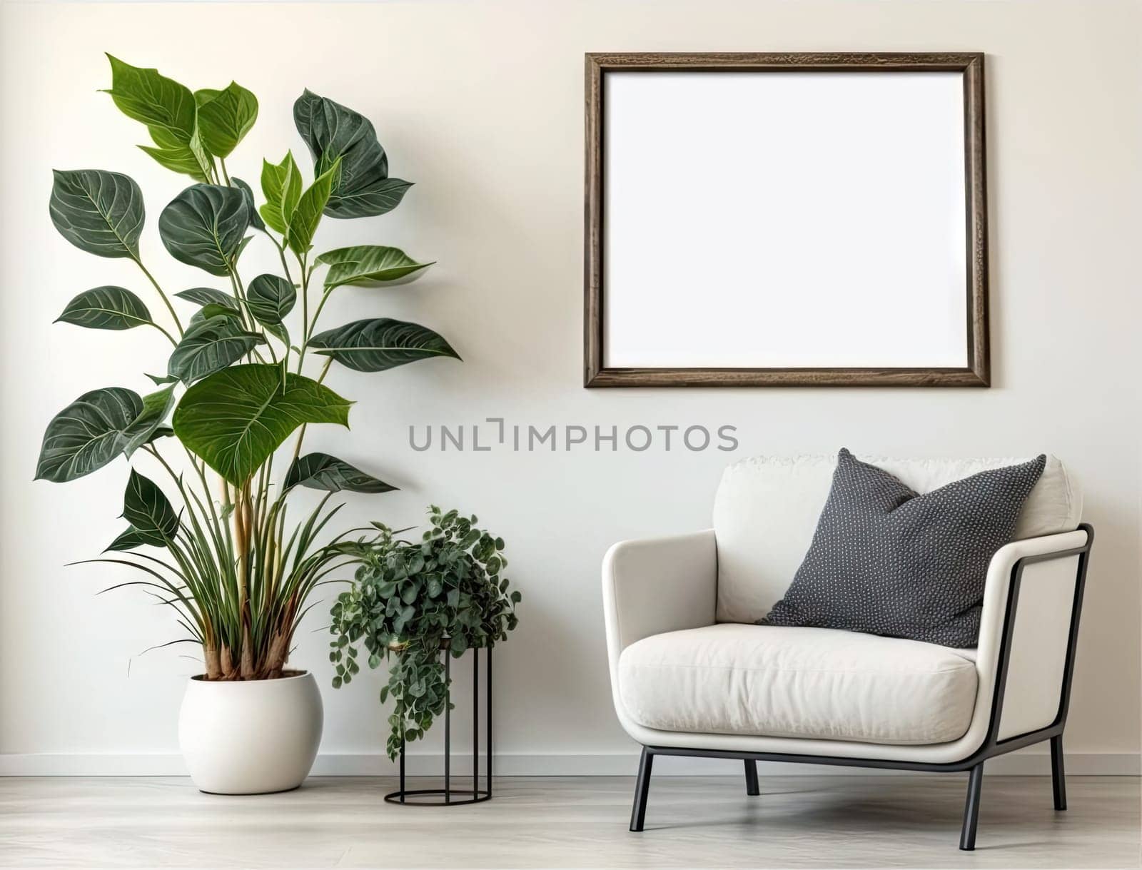 Cropped shot of cozy living room with mock up frame on white wall and plant pot. Generative AI