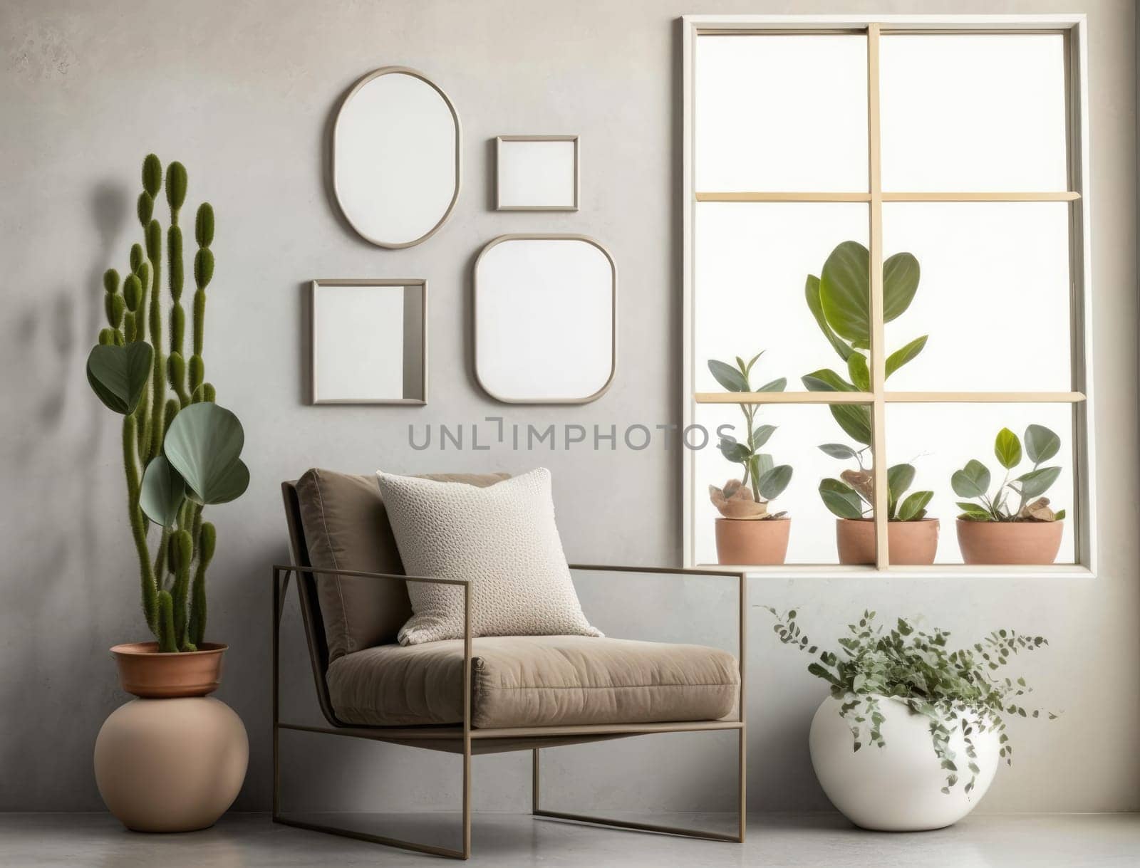 Cropped shot of cozy living room with mock up frame on white wall and plant pot. Generative AI