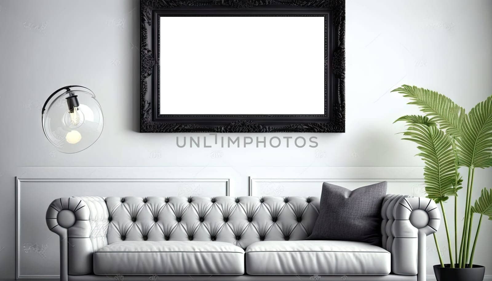 Vintage style living room with mock up frame on the wall above the sofa. Generative AI