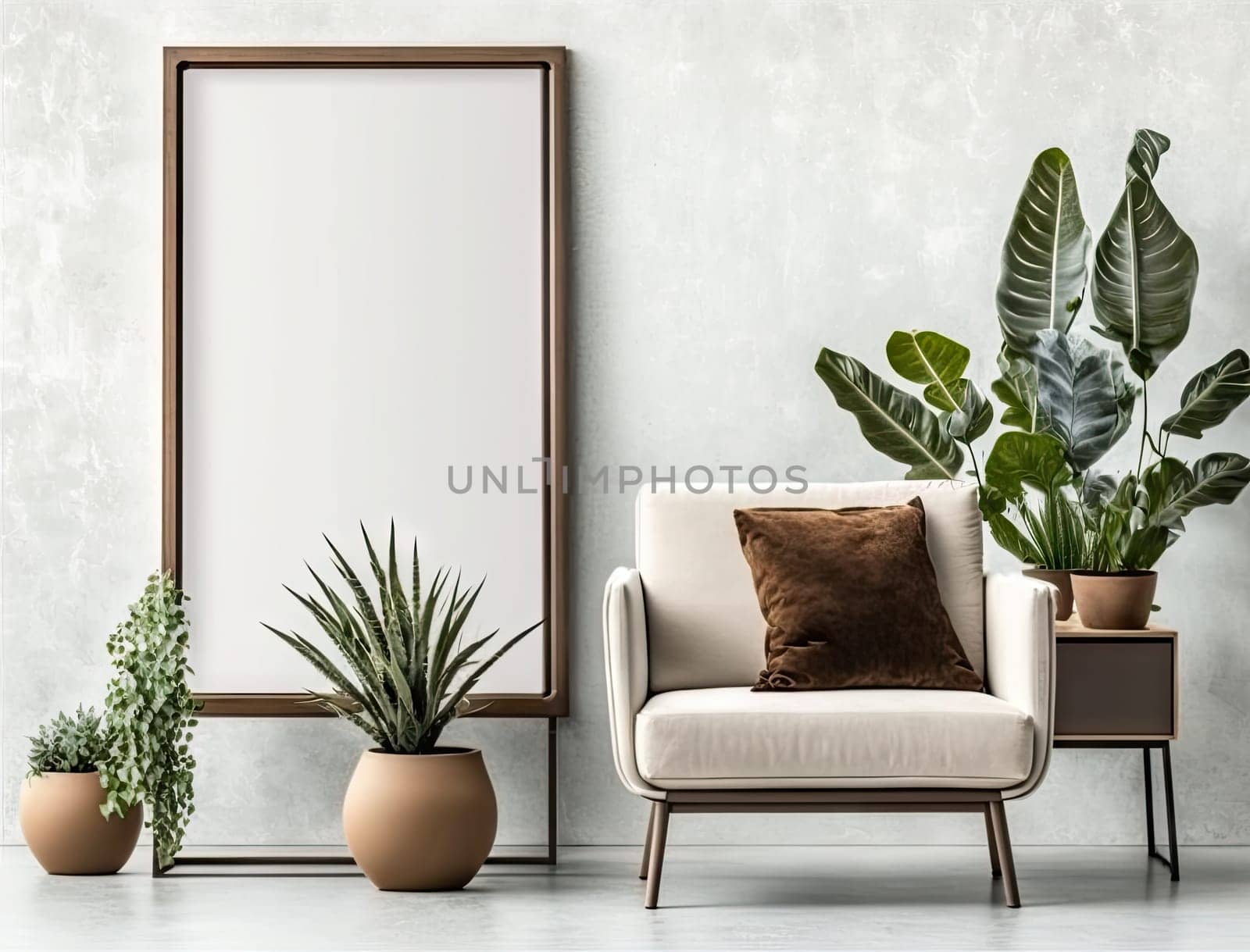 Cropped shot of cozy living room with mock up frame on white wall and plant pot. Generative AI