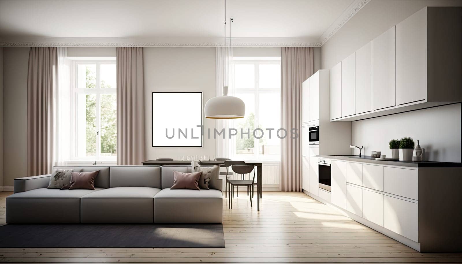 Cozy comfortable apartment with sofa, minimal decoration and wooden floor. Generative AI