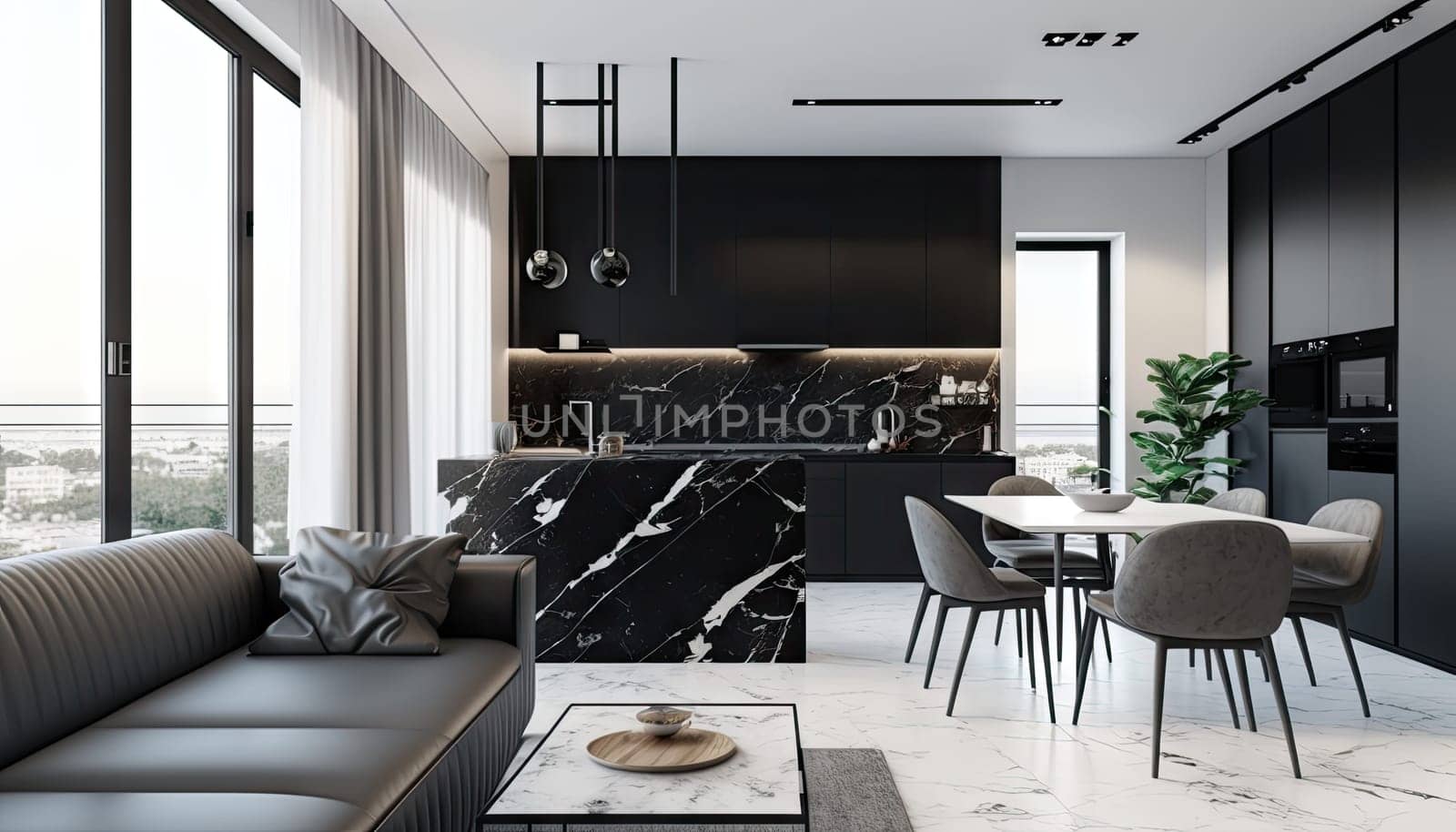 Modern black and white luxury living room with grey sofa and decoration. Generative AI