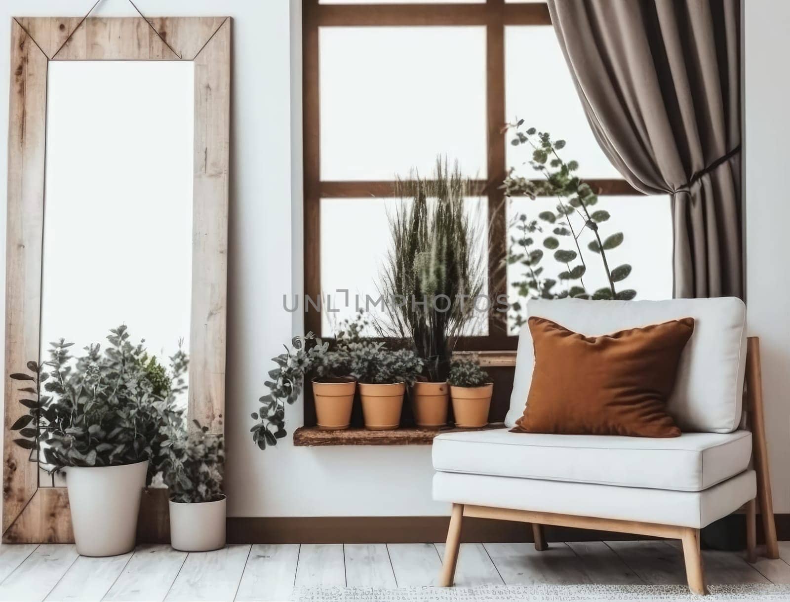 Cropped shot of cozy living room with mock up frame on white wall and plant pot. Generative AI