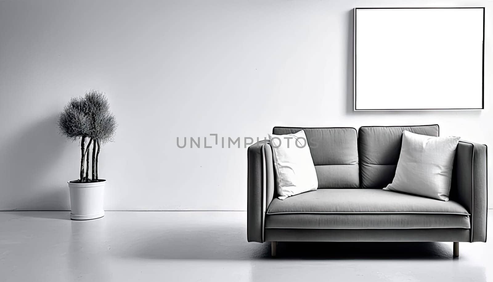 Modern interior living room with grey sofa and stylish decorations. Generative AI