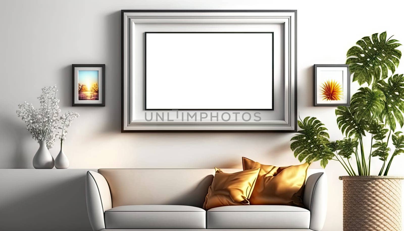 Modern stylish living room with grey sofa and mock up frame on the white wall. Generative AI