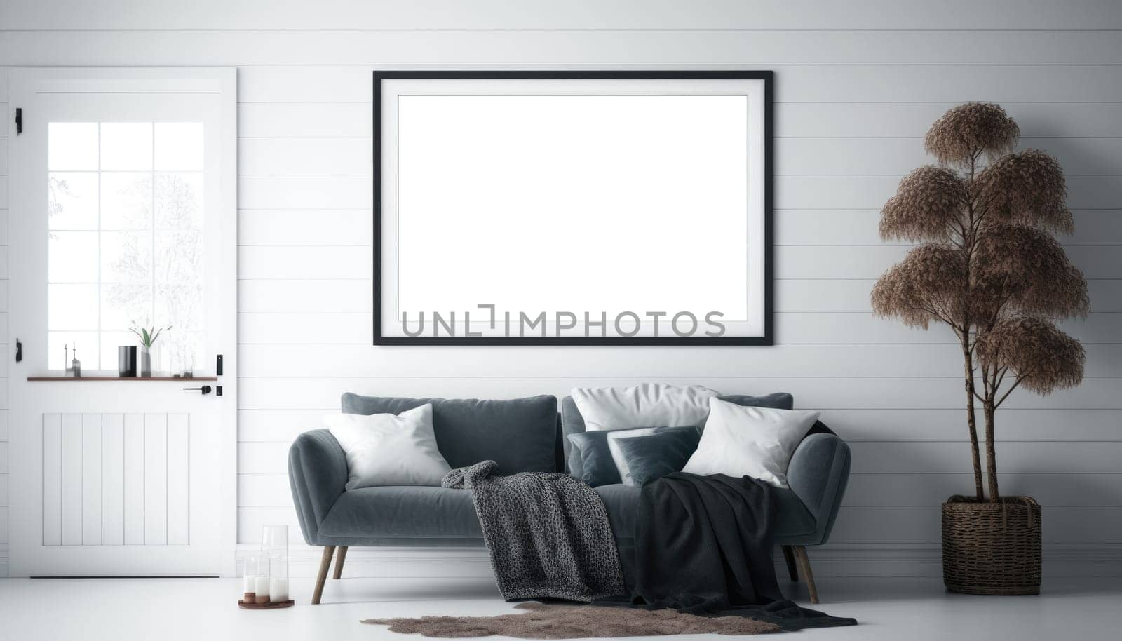 Scandinavian interior living room with mock up frame on the wall. Generative AI