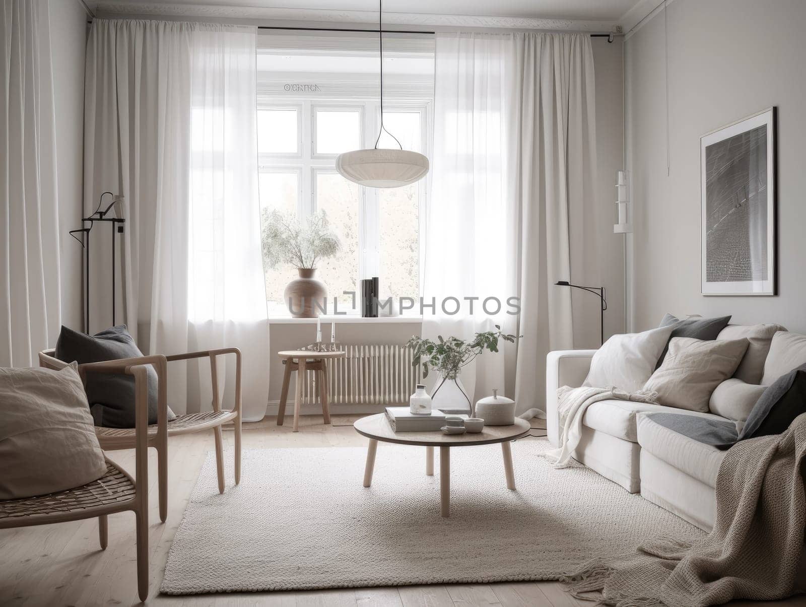 Scandinavian interior style livng room with sofa, coffee table and decoration. Generatvie AI.