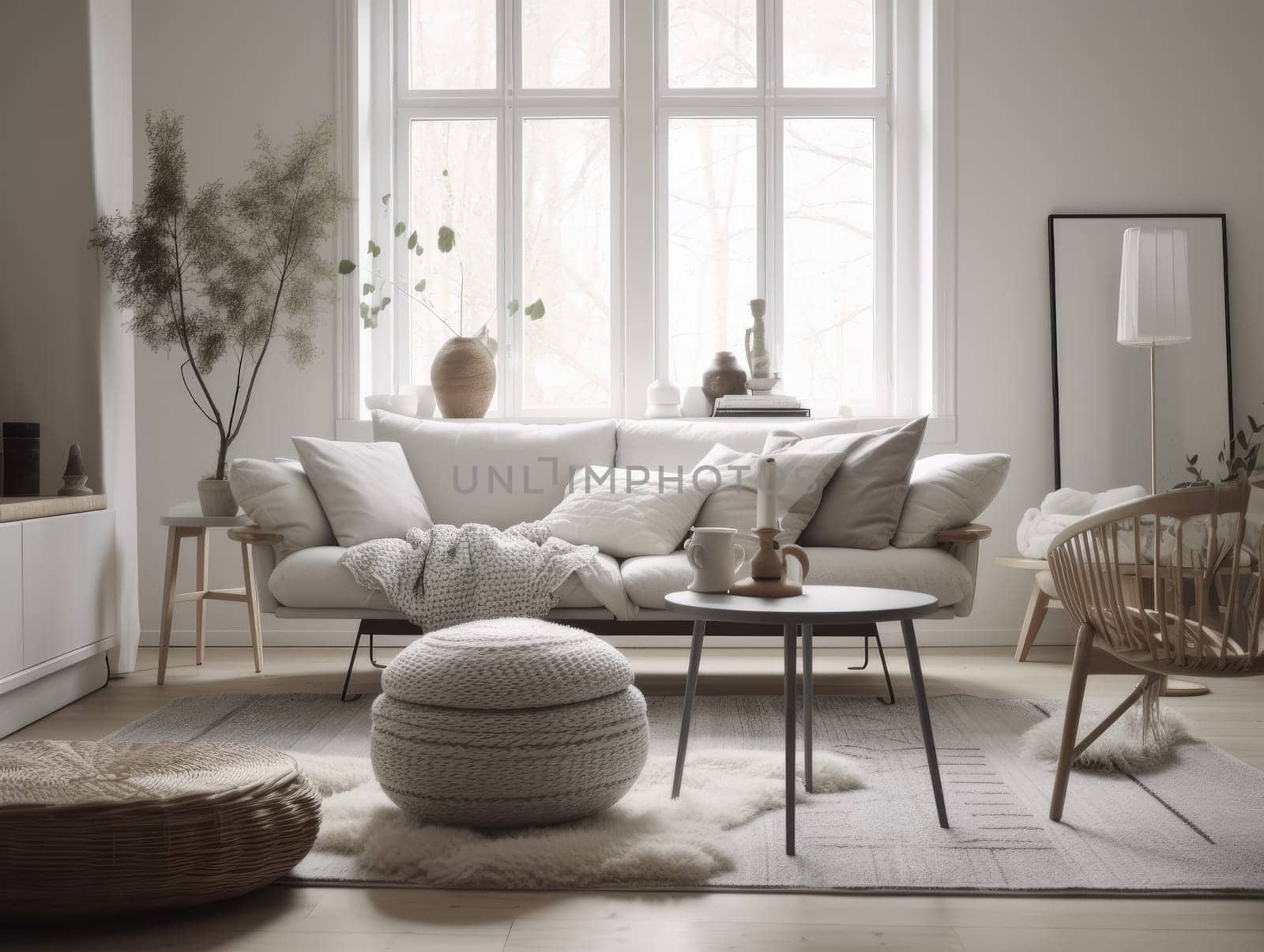 Stylish scandinavian living room with beautiful furniture and decor. Generative AI.