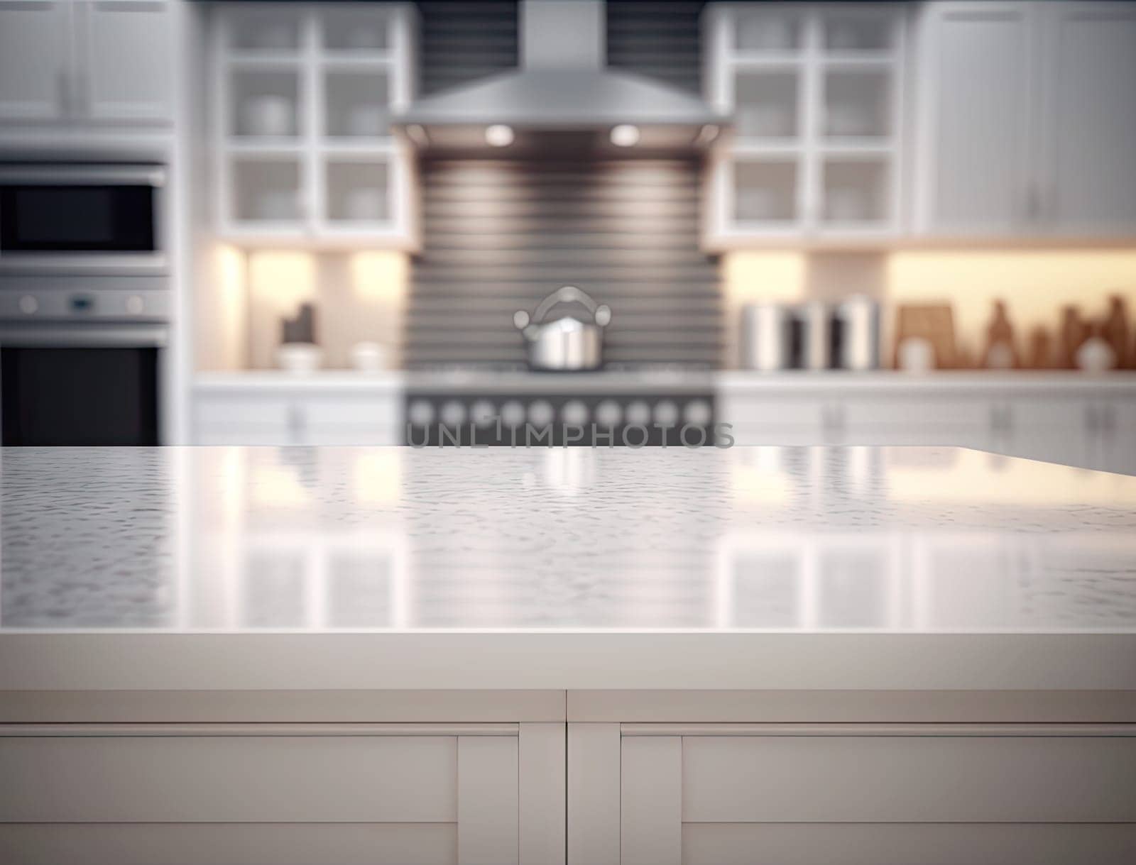 Empty white counter in the kitchen with blurred background. Generative background