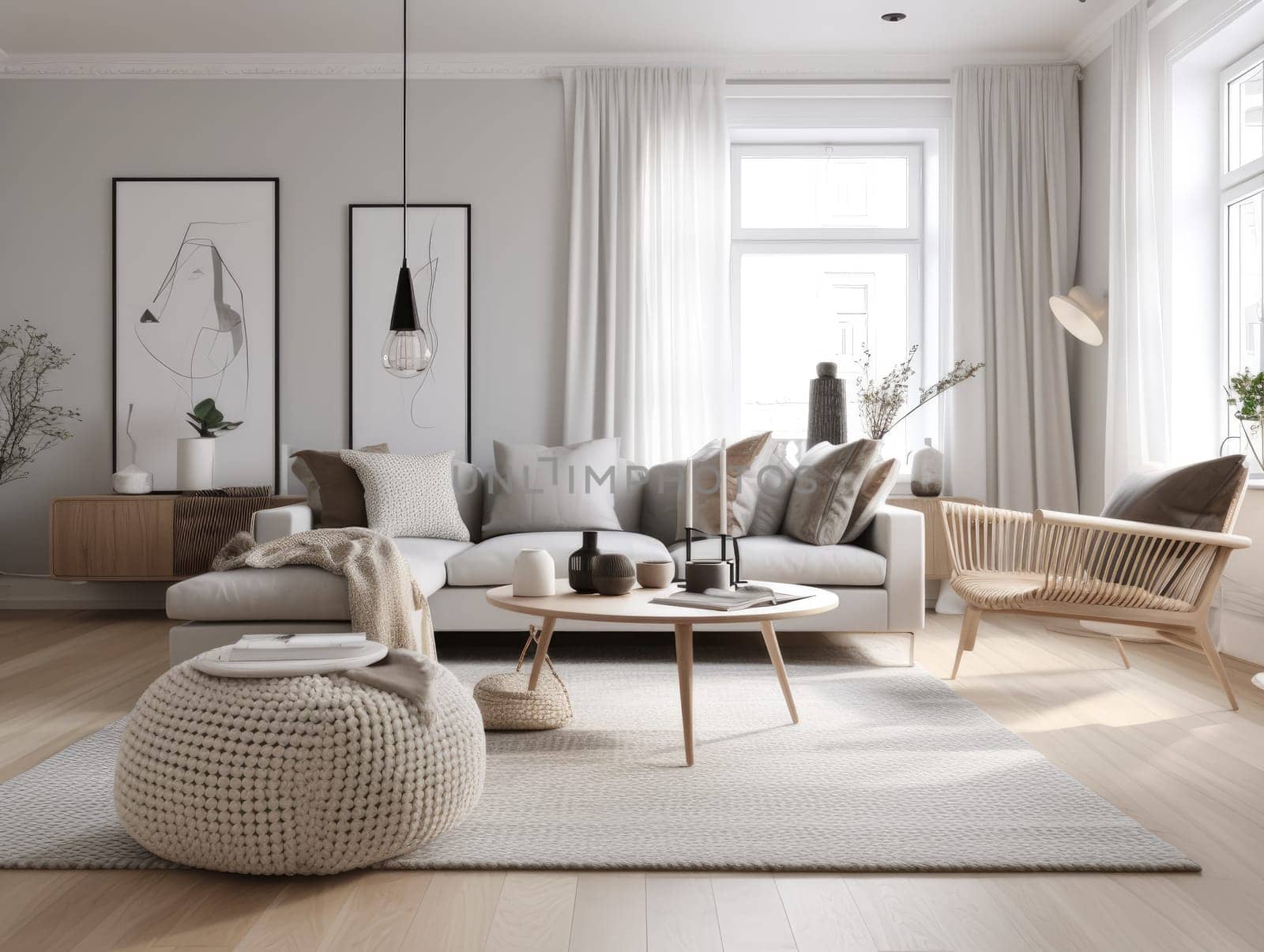 Scandinavian interior style livng room with sofa, coffee table and decoration. Generatvie AI.