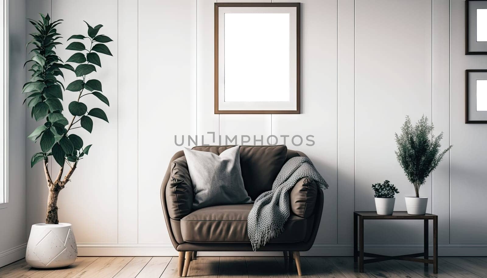 Stylish living room interior style with mock up frame above single sofa. Generative sofa.