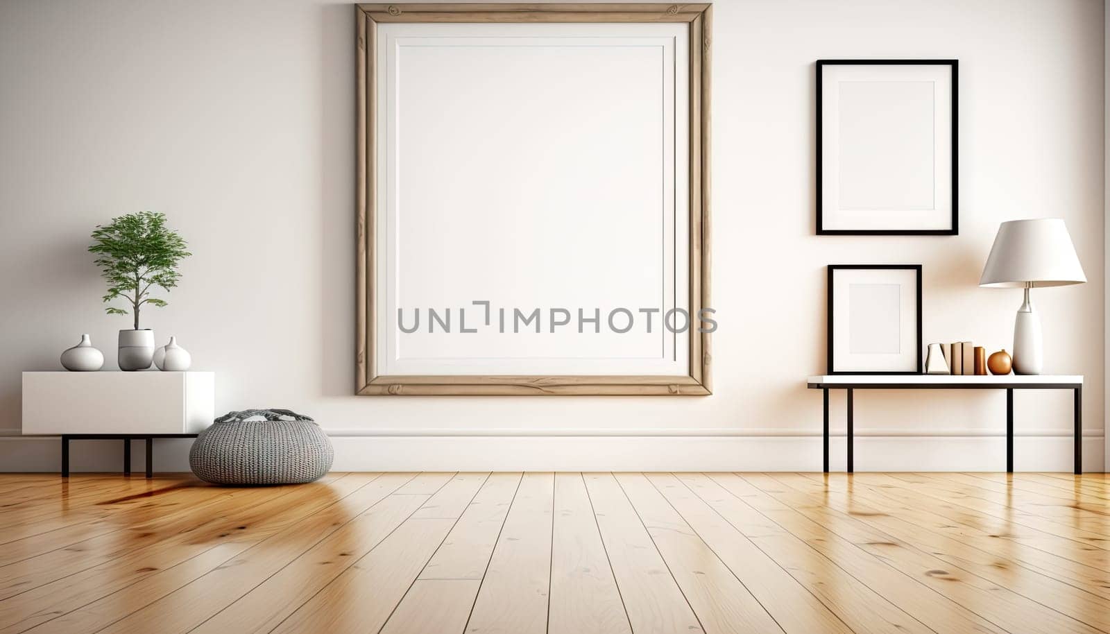 Mock up frame on white wall in minimal living room with wooden floor. Generative AI