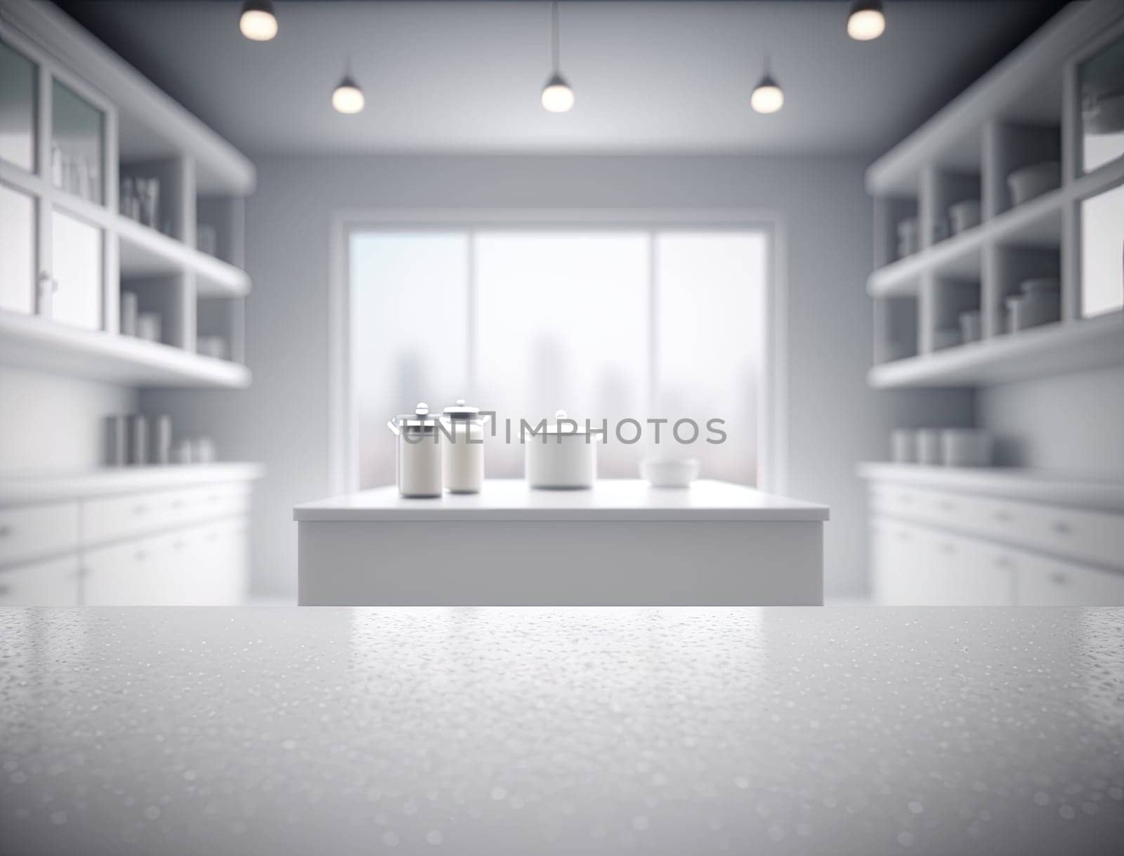Empty white counter in the kitchen with blurred background. Generative background