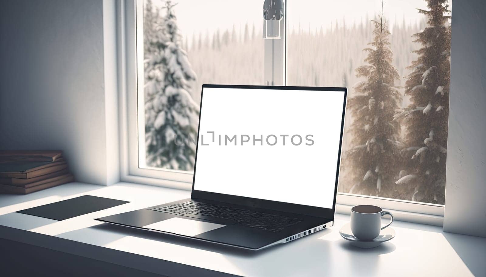 Modern study room with mock up laptop computer with pine forest covered in snow in the background. Generative AI
