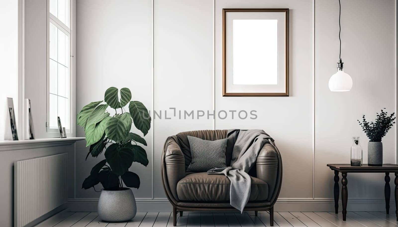 Stylish living room interior style with mock up frame above single sofa. Generative sofa.