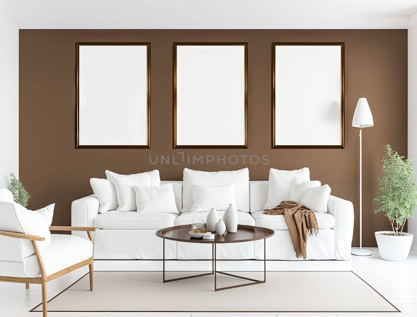 Scandinavian interior living room with sofa and mock up frame on the wall. Generative AI