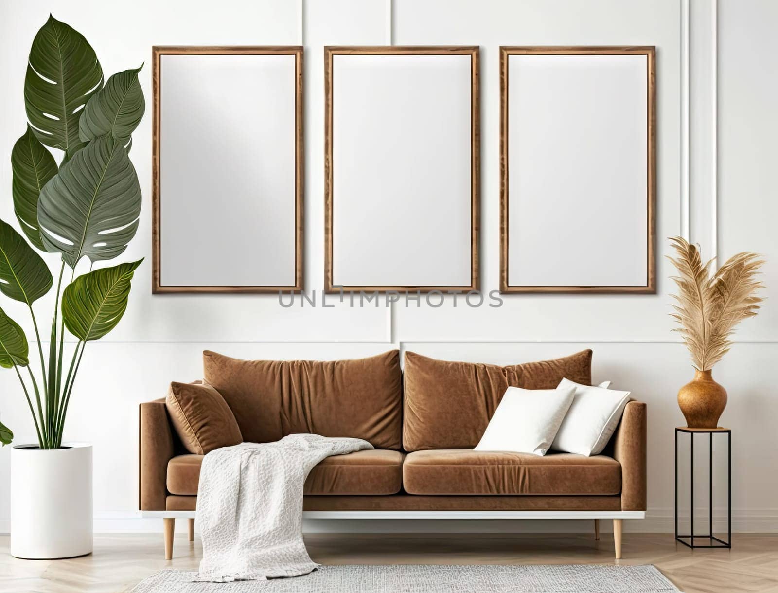 Scandinavian interior living room with sofa and mock up frame on the wall. Generative AI