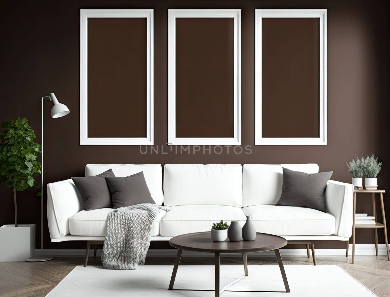 Stylish living room with mock up frame above the sofa and decoration. Generative AI