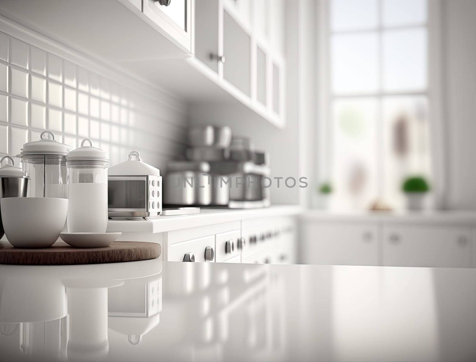 Empty white counter top with blurred kitchen background with copy space. Generative AI