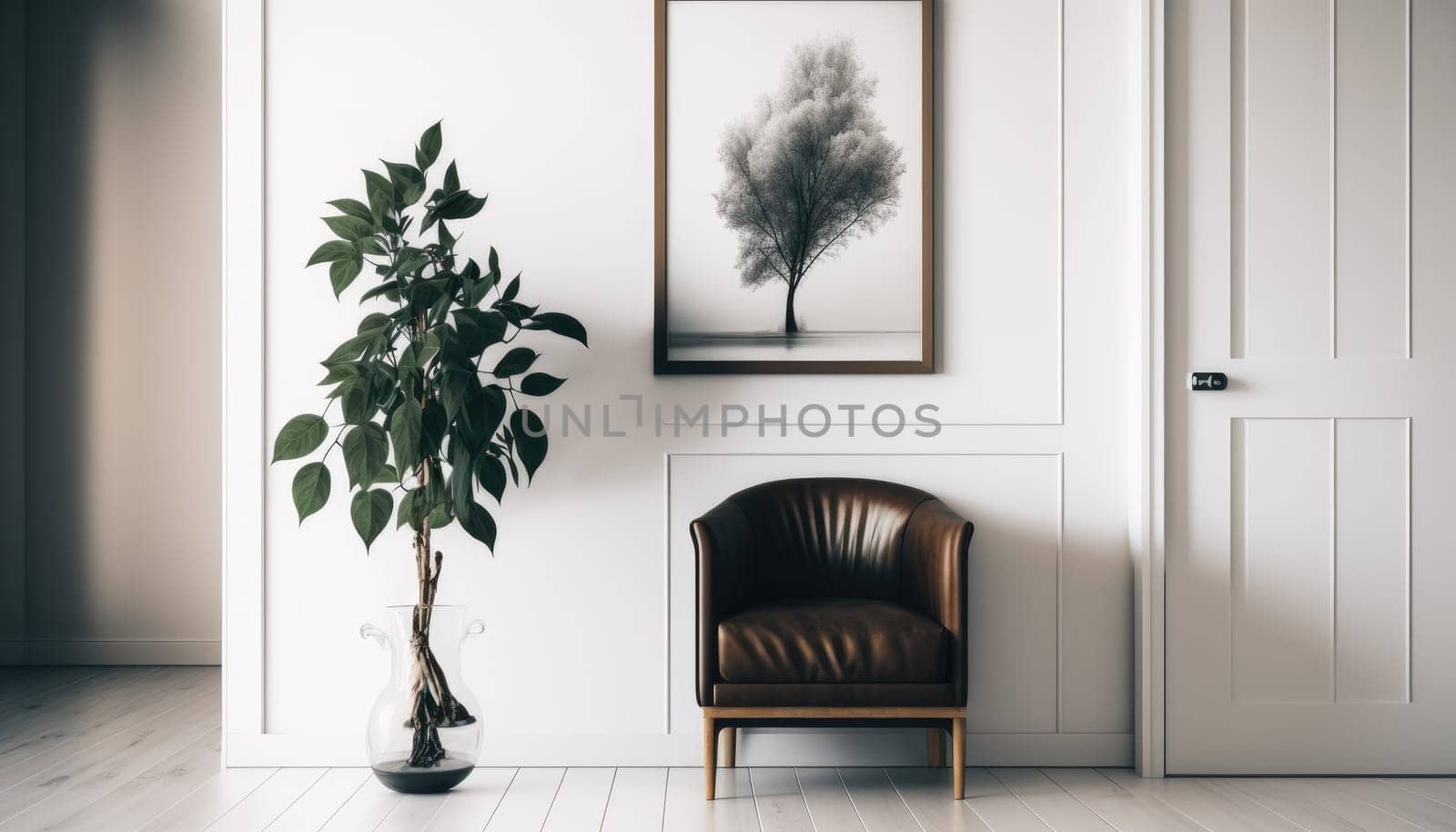 Stylish living room with single sofa and mock up frame. Generatvie AI.