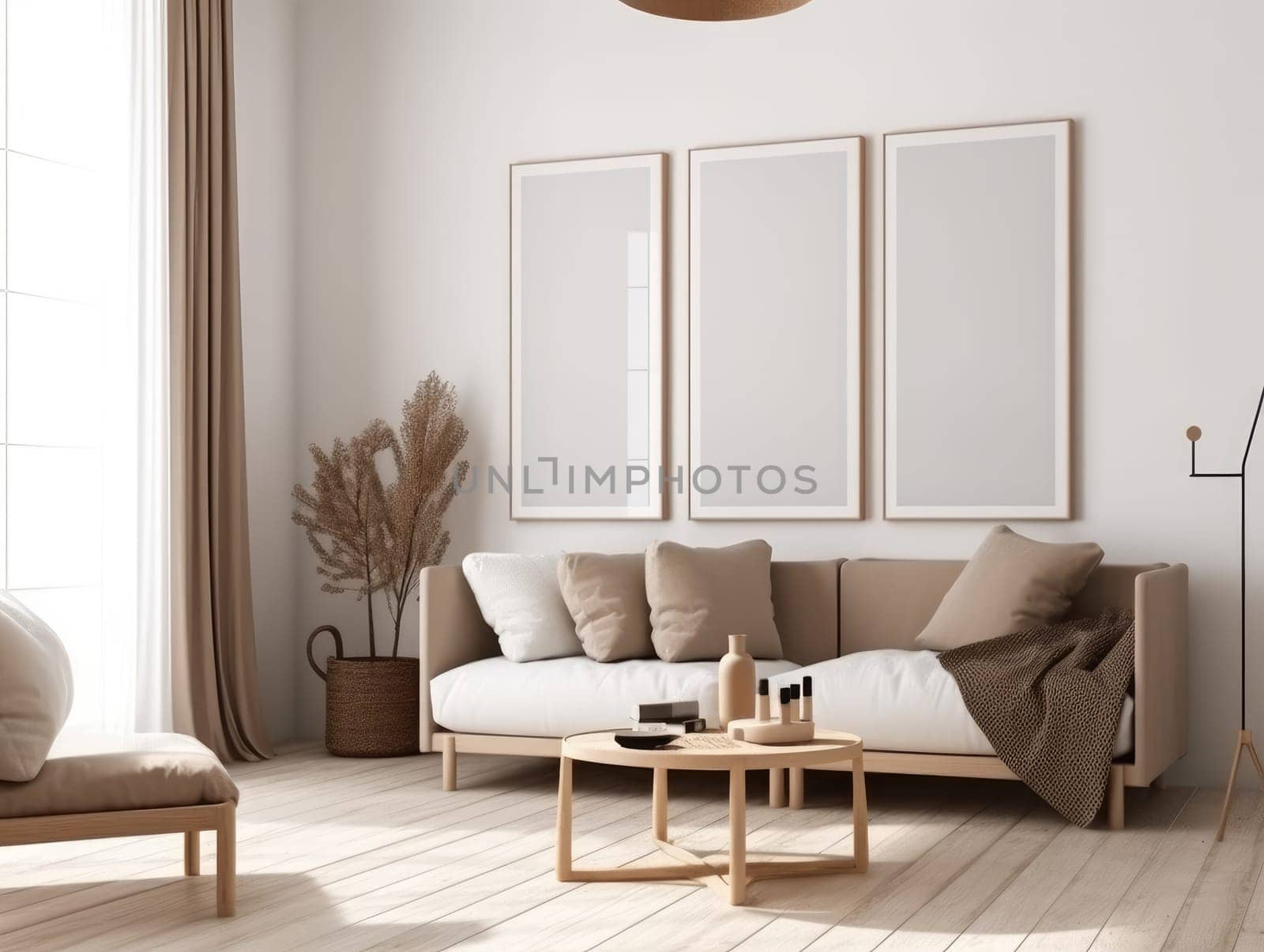 Minimal cozy living room with mock up frame. Generative AI.