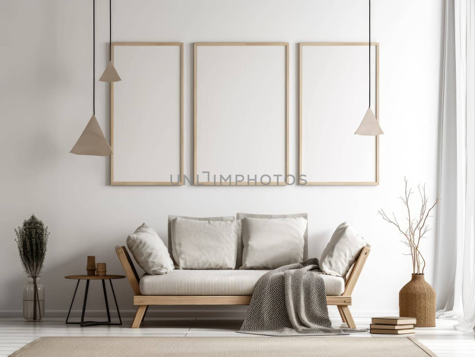 Minimal cozy living room with mock up frame. Generative AI.
