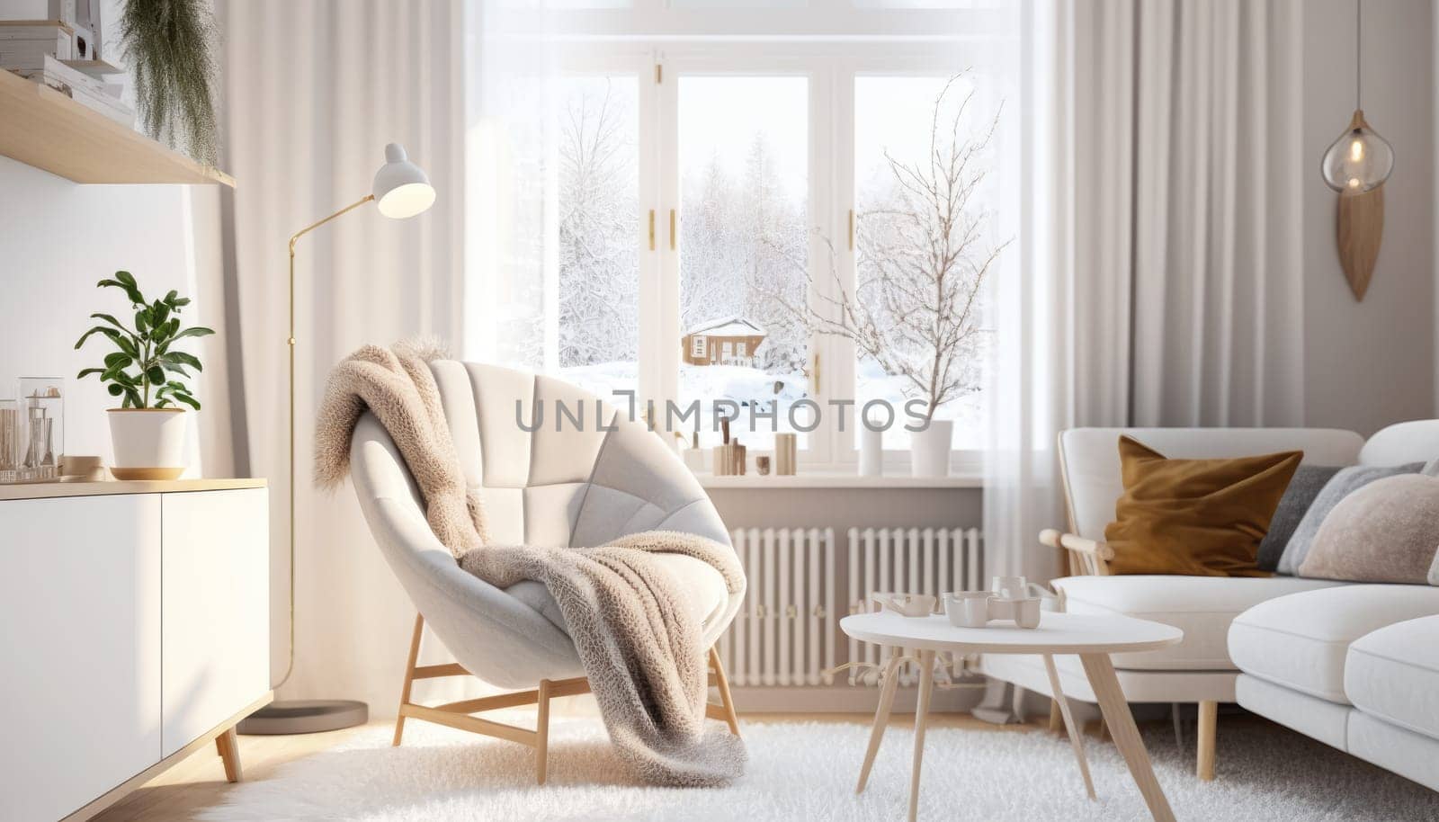 Cozy dreamy minimal livng room with window and sofa in the morning. Generative AI.