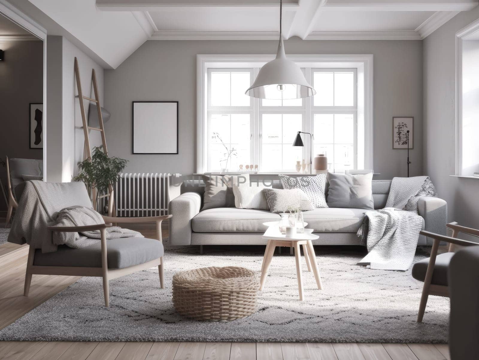 Beautiful cozy beige scandinavian living room with wooden furniture. Generative AI.