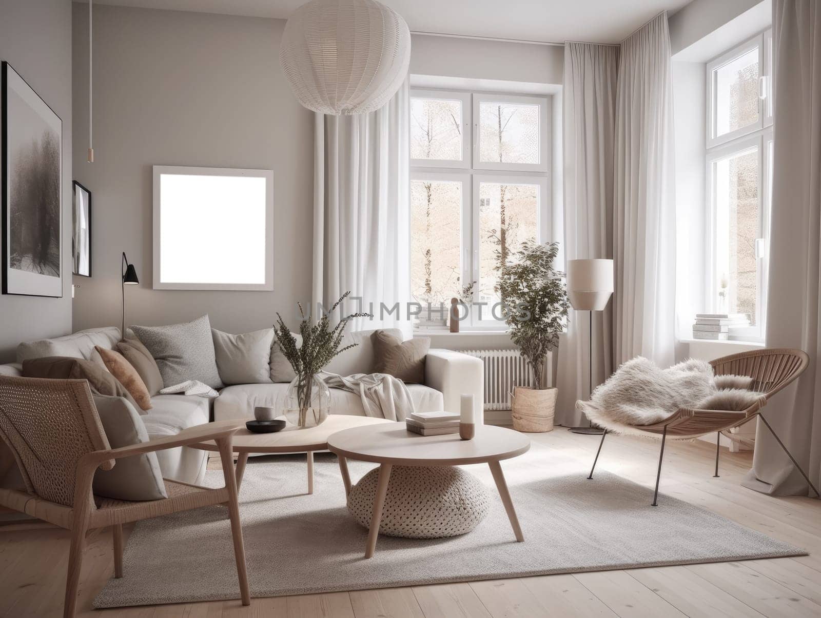 Stylish scandinavian living room with beautiful furniture and decor. Generative AI.